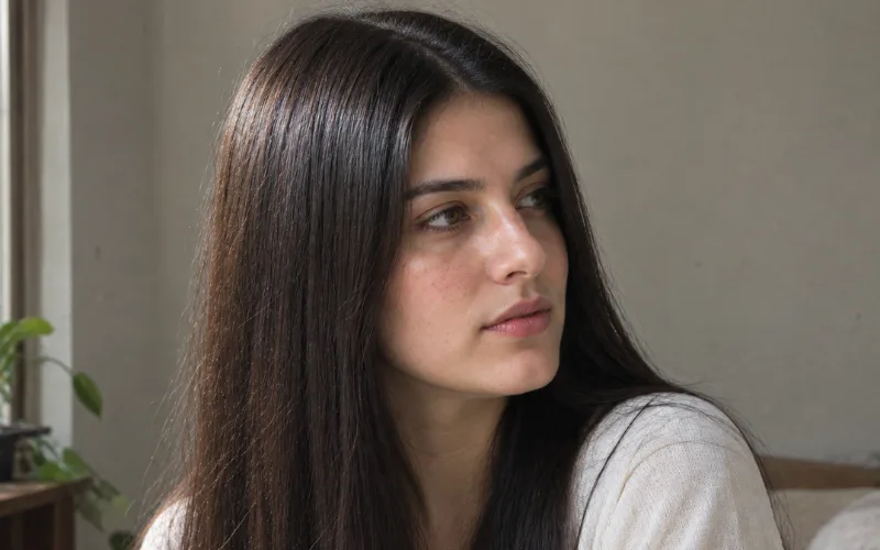 Woman with sleek straight type 1 hair sitting indoors, showcasing 1A, 1B, 1C hair type texture.
