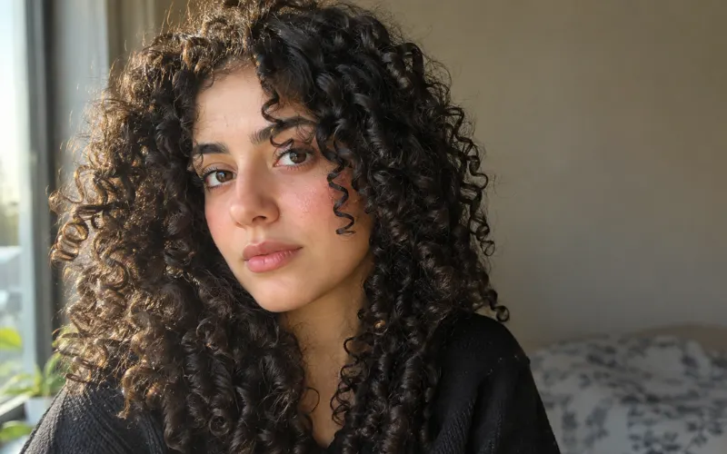Woman with defined curly type 3 hair in natural window light.