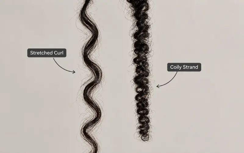 Type 3 stretched curl compared to Type 4 coily hair strand.