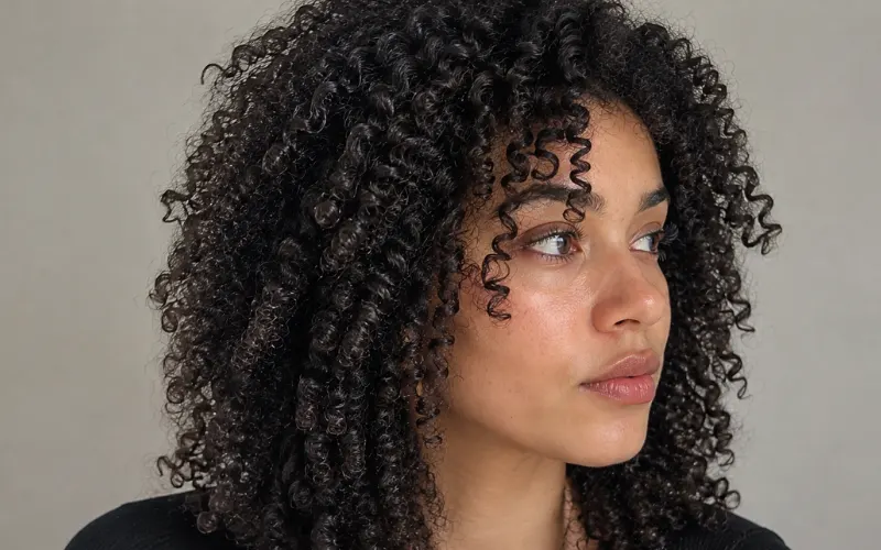 Three-quarter portrait of a woman with defined, springy curly hair.