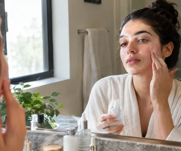Woman applying skincare product while looking in bathroom mirror.