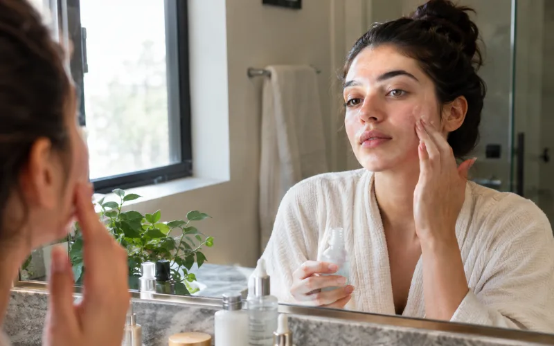 Woman applying skincare product while looking in bathroom mirror.
