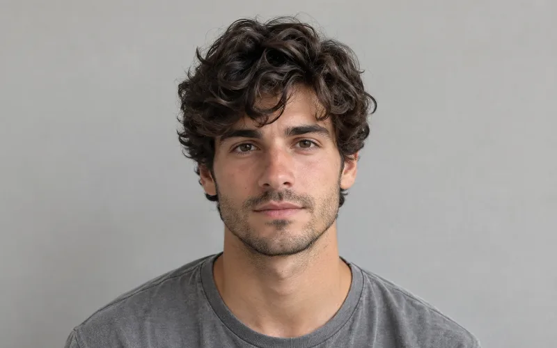 Portrait of a man with short curly brown hair against a plain gray background.