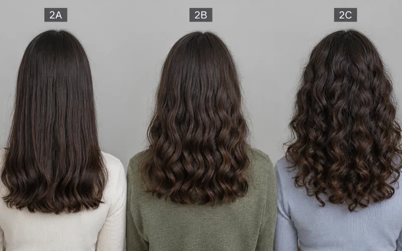 Back view comparison of wavy hair types 2A, 2B and 2C from left to right, showing increasing wave definition.