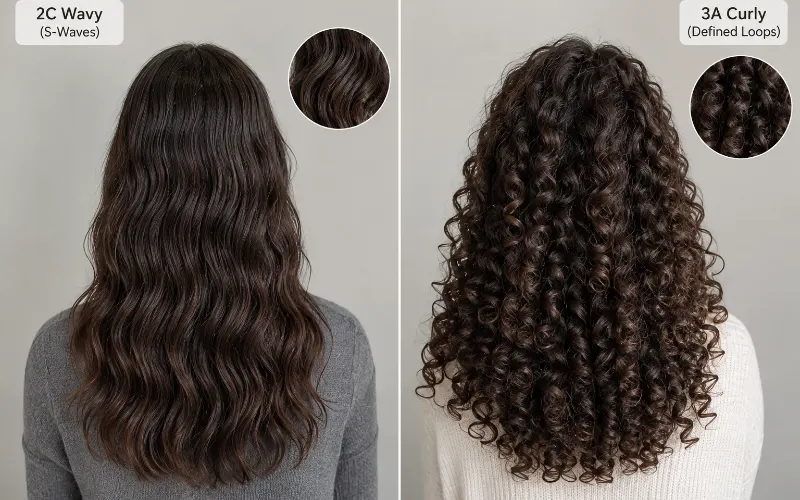 Side-by-side comparison of 2C wavy S-waves and 3A curly defined loops with close-up texture insets.