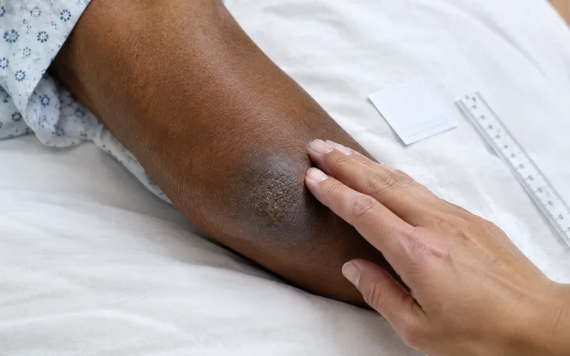 Clinician examining a patient's swollen elbow.