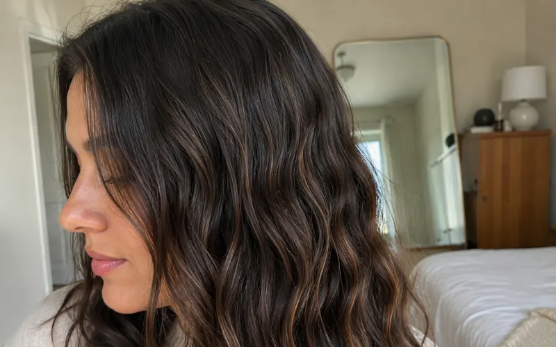 Close-up of a woman with natural 2B wavy hair in a bedroom.