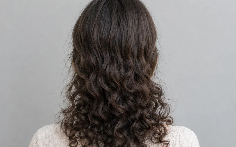 Dark brown half-up hairstyle with irish curls and soft waves, shown from behind in a floral top.