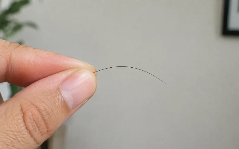 Close-up of fingers holding a single strand of hair with a slight wave.
