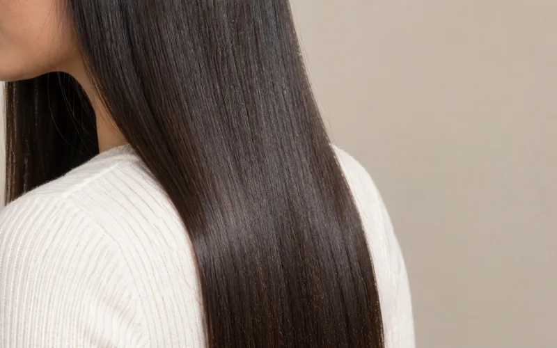 Close-up of a woman's long, pin-straight, sleek dark brown hair Type 1A hair example.
