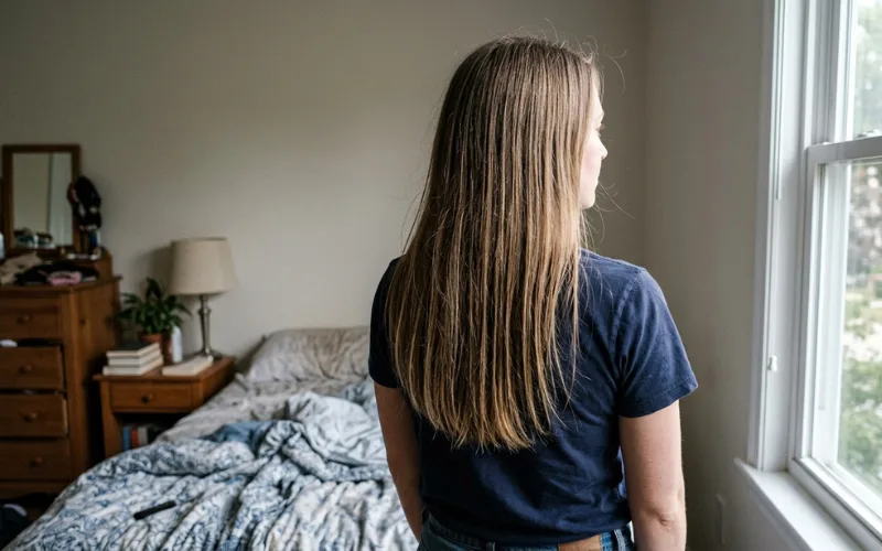 Back view of long straight 1A hair type in bedroom.