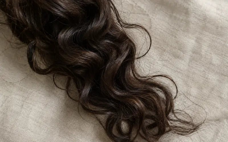 Dark brown 2C wavy hair on neutral linen, showing natural S-shaped waves and flyaways.