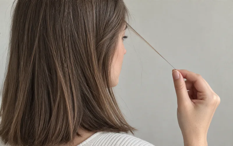 Woman holding a strand of her straight brown hair to examine its texture.