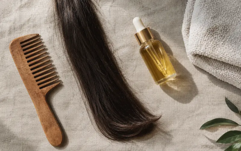 Hair care essentials with a lock of dark hair, wooden comb, and hair oil on a linen surface.