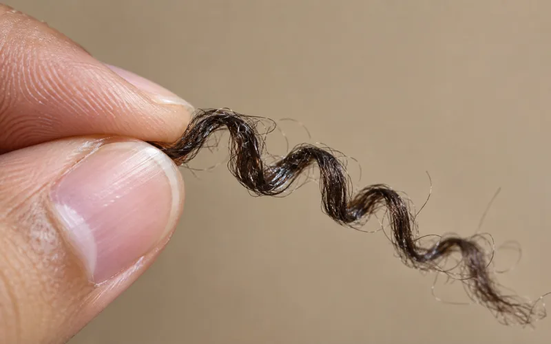 Fingers holding a spiral coiled type 3 curly hair strand.