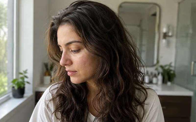 Natural 2A wavy-haired woman in a bright bathroom with soft window light.