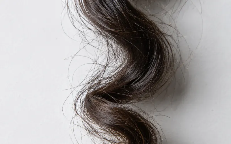 Single curly hair strand with visible frizz and flyaways on a white background.