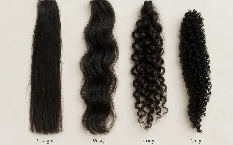 Four hair extension swatches laid side by side showing straight, wavy, curly and coily hair types.