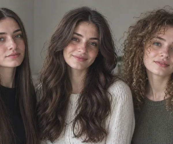 Three women with straight, wavy, and curly hair standing together indoors.