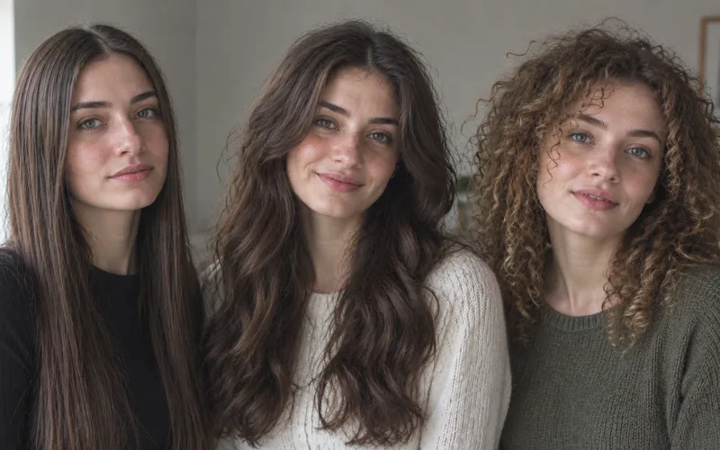 Three women with straight, wavy, and curly hair standing together indoors.
