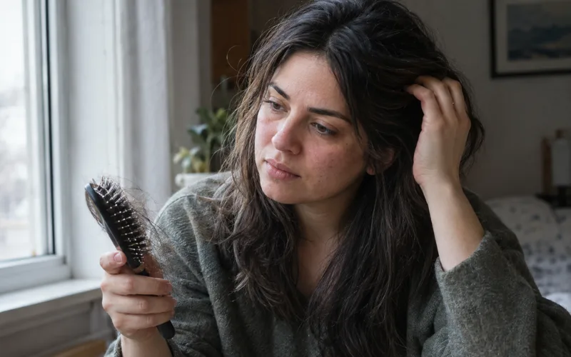 Woman examining hair loss on a hairbrush by a window.