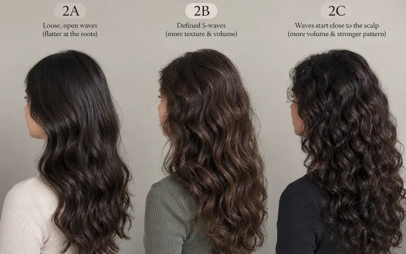Side profile comparison of hair types 2A, 2B and 2C showing loose waves, defined S-waves and scalp-close volume waves.