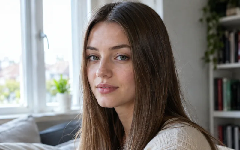 Woman with pin-straight 1A hair sitting by a window.