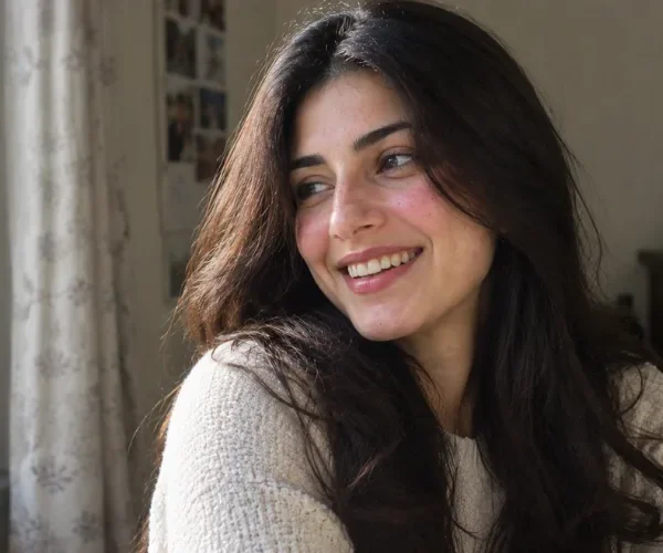 Woman with long dark wavy hair smiling and laughing by a window.