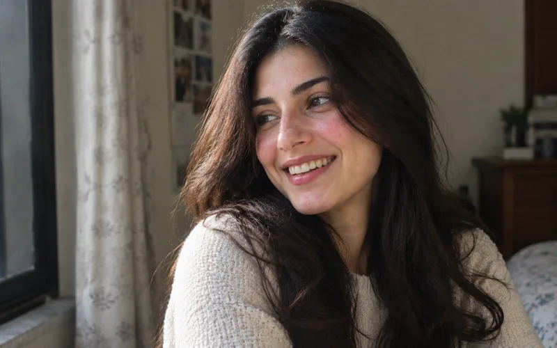 Woman with long dark wavy hair smiling and laughing by a window.