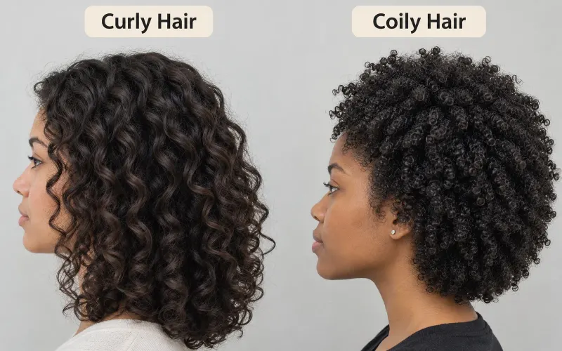 Curly hair vs. coily hair comparison showing loose curls and tight natural coils.