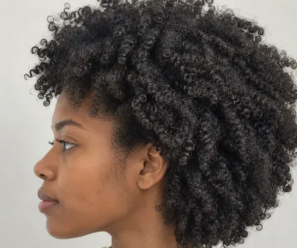 Woman with natural 4B/4C coily hair in a full, rounded afro style.