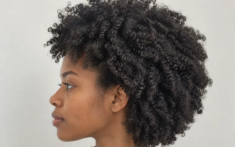 Woman with natural 4B/4C coily hair in a full, rounded afro style.