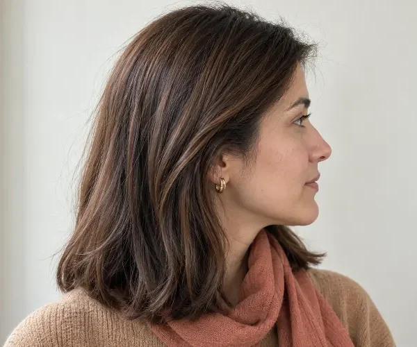 Woman with chestnut brown hair in side profile.
