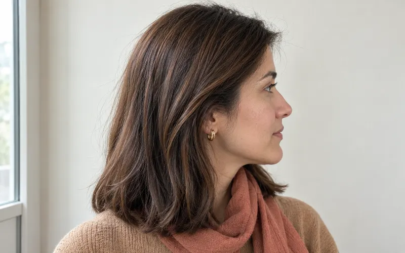 Woman with chestnut brown hair in side profile.