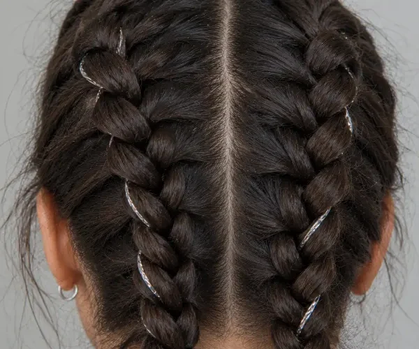 Back view of two Dutch braids with subtle silver strands woven through dark brown hair.