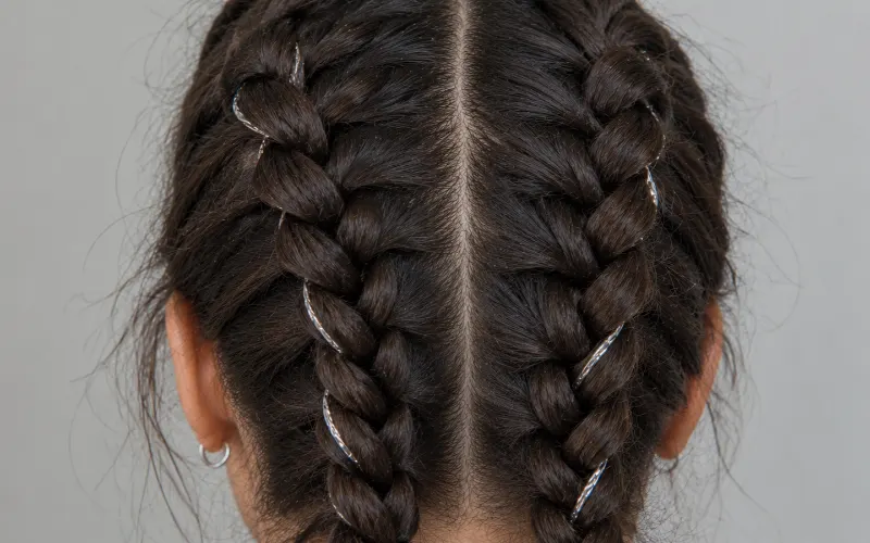 Back view of two Dutch braids with subtle silver strands woven through dark brown hair.