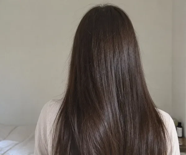 Woman viewed from behind with long, smooth, glossy dark brown hair against a natural bedroom background.