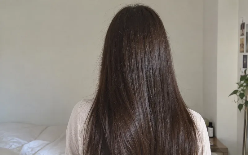Woman viewed from behind with long, smooth, glossy dark brown hair against a natural bedroom background.