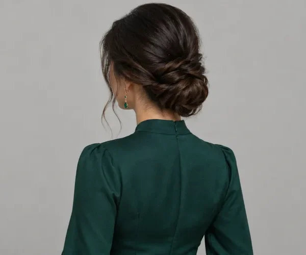 Woman with a low chignon wearing a green dress.