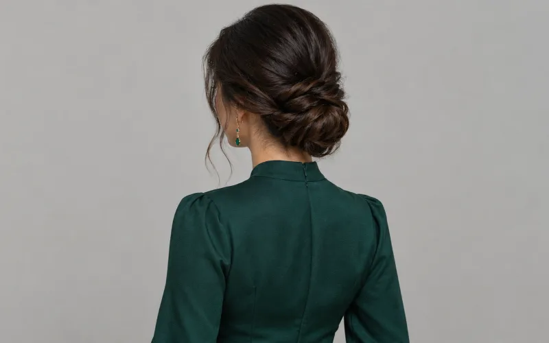 Woman with a low chignon wearing a green dress.