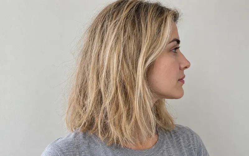 Woman with dry, frizzy blonde hair in side profile.