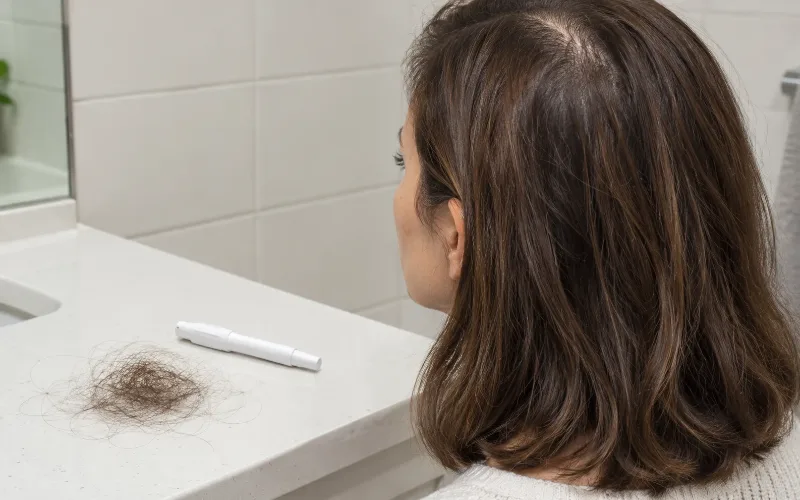 Woman with thinning brown hair beside shed hair and a white treatment pen on a bathroom counter.