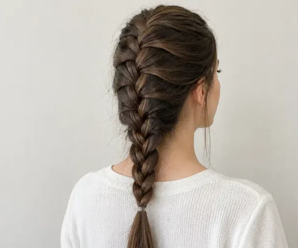Woman with long brown hair styled in a French braid, viewed from behind against an off-white wall.