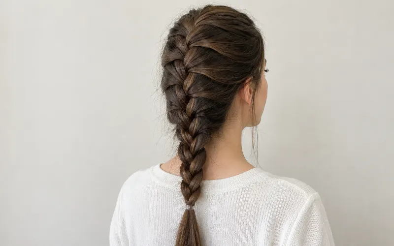 Woman with long brown hair styled in a French braid, viewed from behind against an off-white wall.