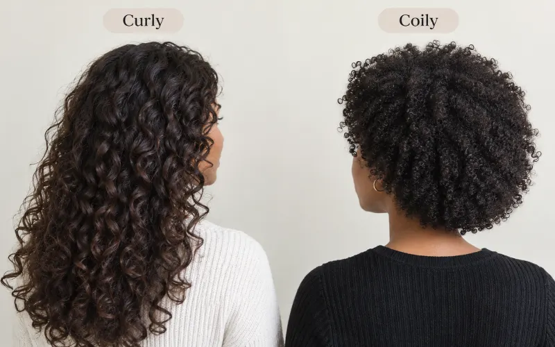 Two women showing curly and coily hair types from behind.