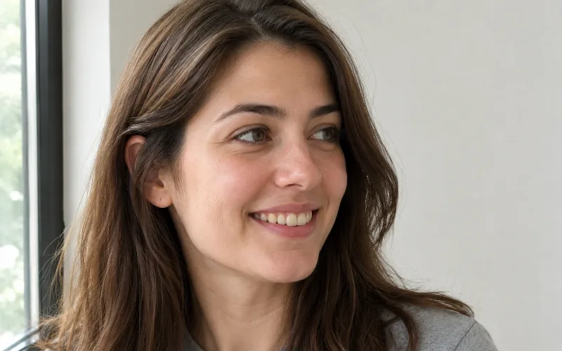 Woman with a natural smile showing her teeth, wearing a grey top in soft daylight.