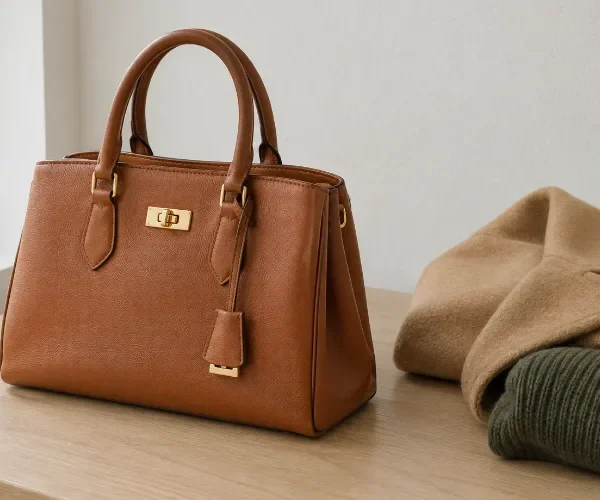 Structured cognac leather handbag with gold hardware beside a folded camel coat and olive knit.