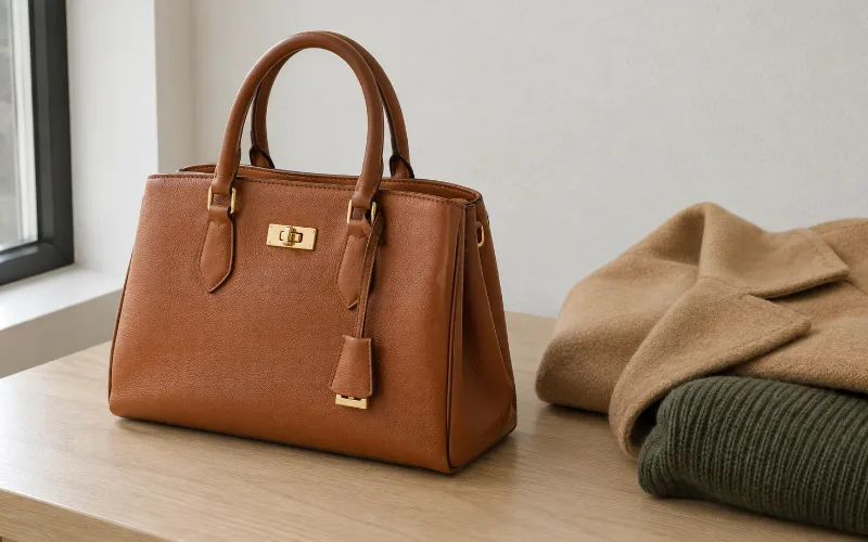 Structured cognac leather handbag with gold hardware beside a folded camel coat and olive knit.